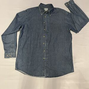 VTG LL BEAN Denim Button Front Men's Shirt L Large Tall 100% Cotton Blue NICE!